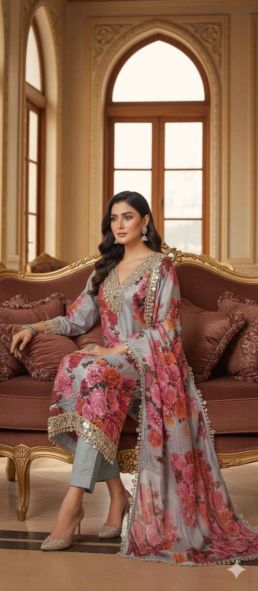 Royal Floral Mirror Work Unstitched Suit Set in Grey & Rose Tones