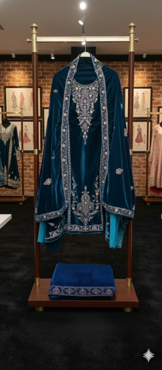 “NOOR-E-ZARDOYA – Royal Gold Embroidered Velvet Heirloom Suit”