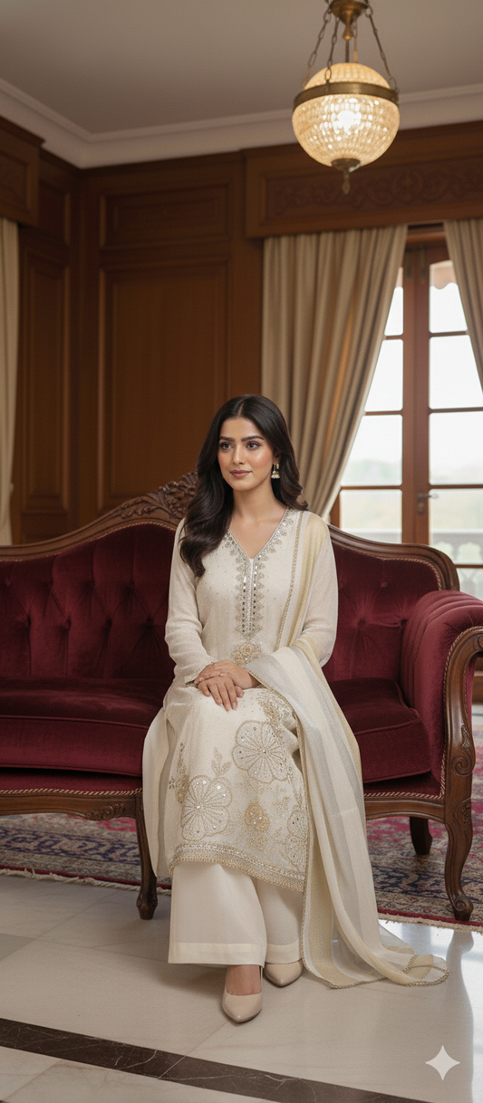 Ivory Shimmer Silk Embroidered Unstitched Suit Set with Striped Dupatta