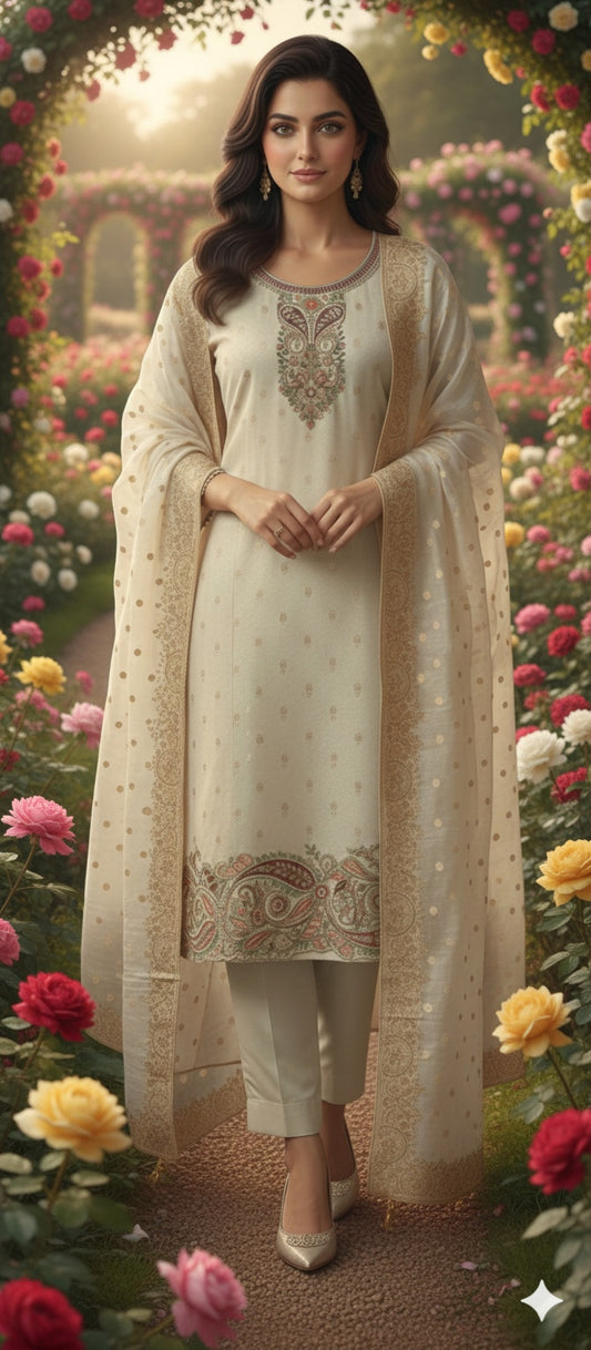 Luxury Shimmer Silk Embroidered Suit Set with Heavy Neck & Paisley Border Work | Soft Silk Dupatta | Wedding & Festive Collection