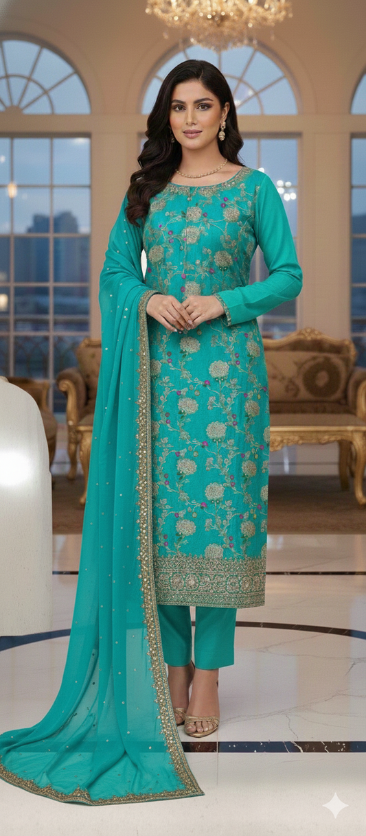 “Emerald Noor” Upada Silk Banarasi Zari & Gotta Work Unstitched Suit Set