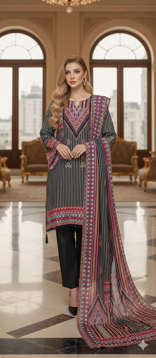 Black Tribal Geometric Printed Unstitched Suit in Glass Organza with Matching Dupatta & Malai Cotton Bottom