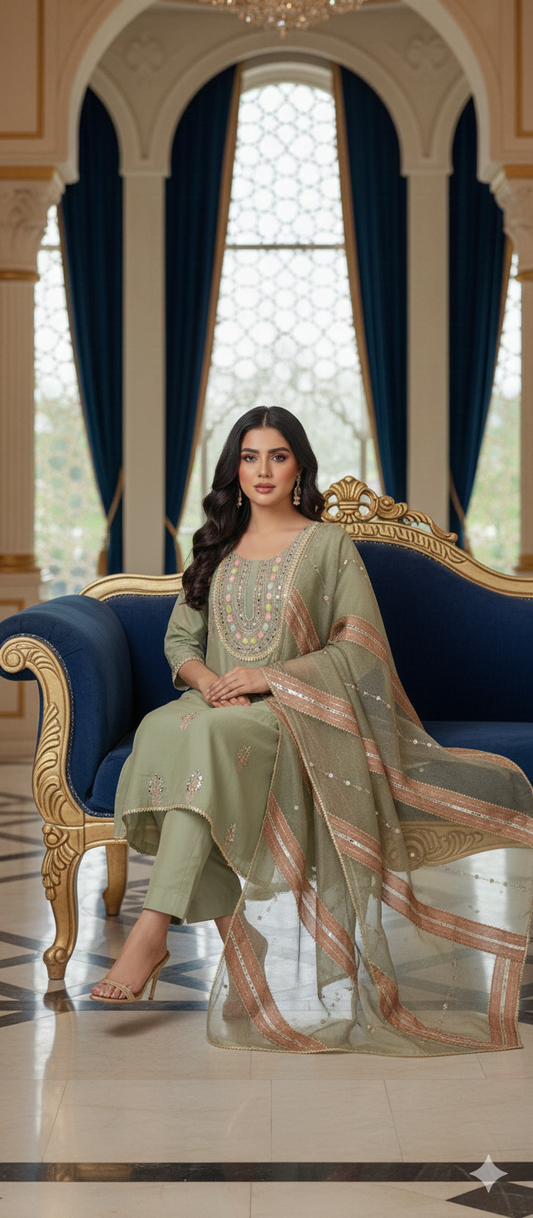 Sage Green Viscose Organza Unstitched Suit with Gota Patti Dupatta & Malai Cotton Bottom