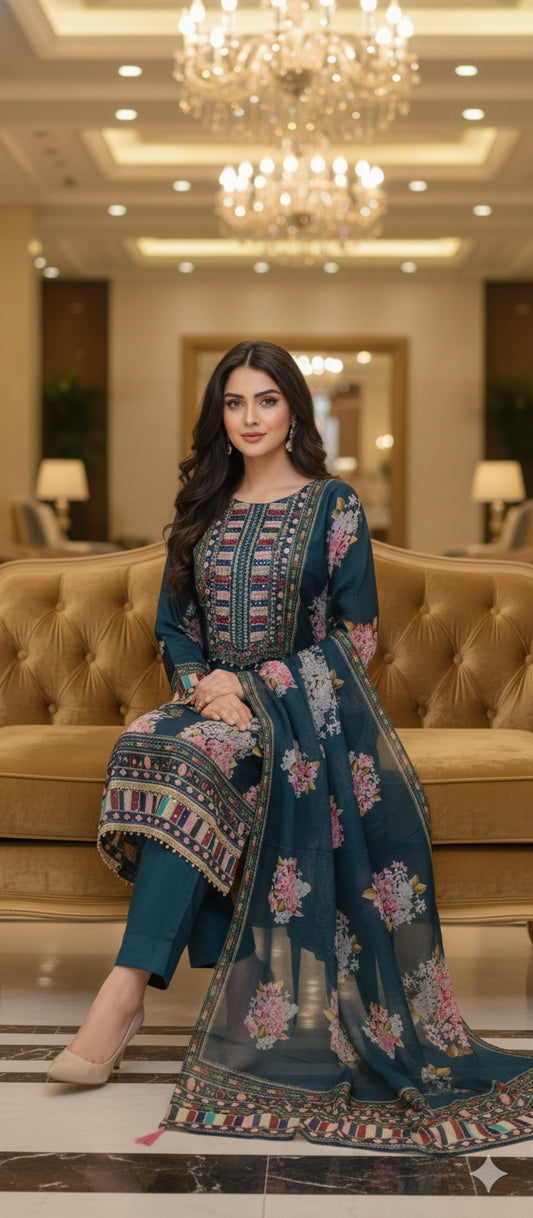 Kareena Kapoor Inspired Regal Glass Organza Printed Top with Malai Cotton Pants & Glass Organza Dupatta – Celebrity Designer Suit