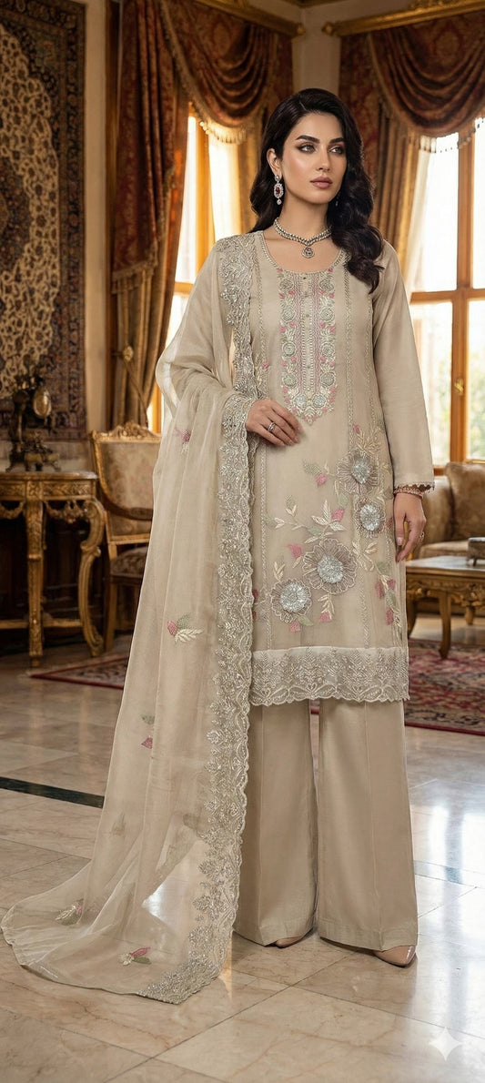 Premium Soft Shimmer Silk Embroidered Suit with Matching Shimmer Silk Dupatta & Upada Silk Bottom