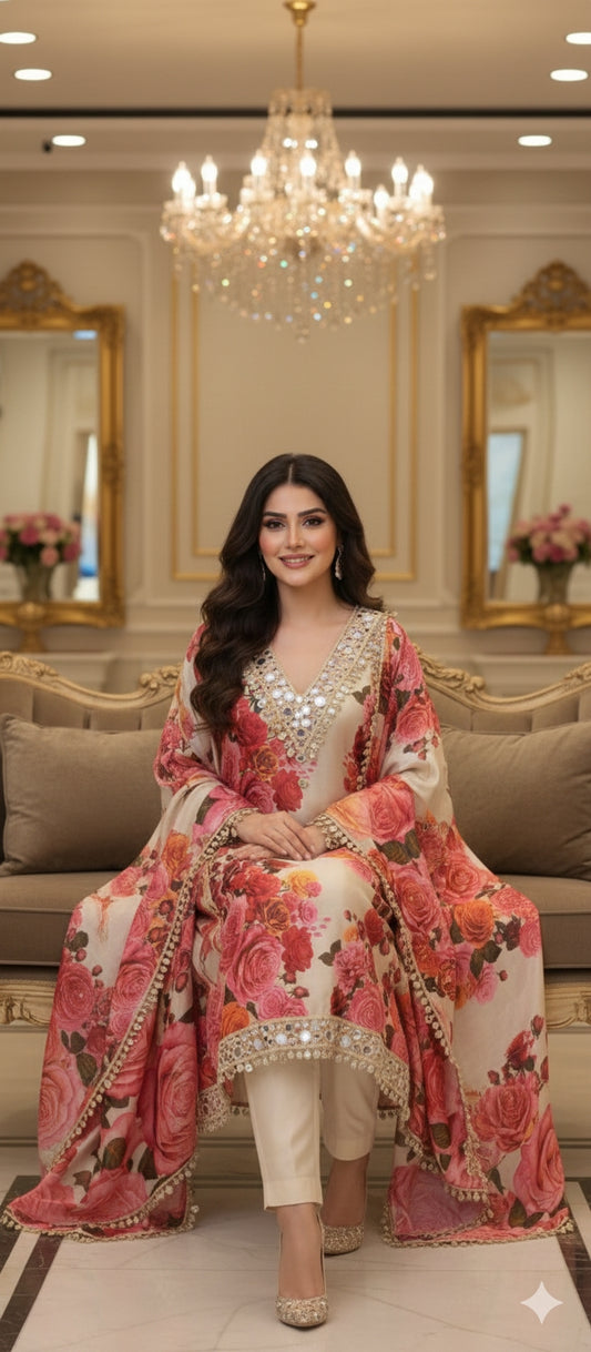 Ivory Rose Floral Mirror Work Unstitched Suit Set with Glass Organza Dupatta